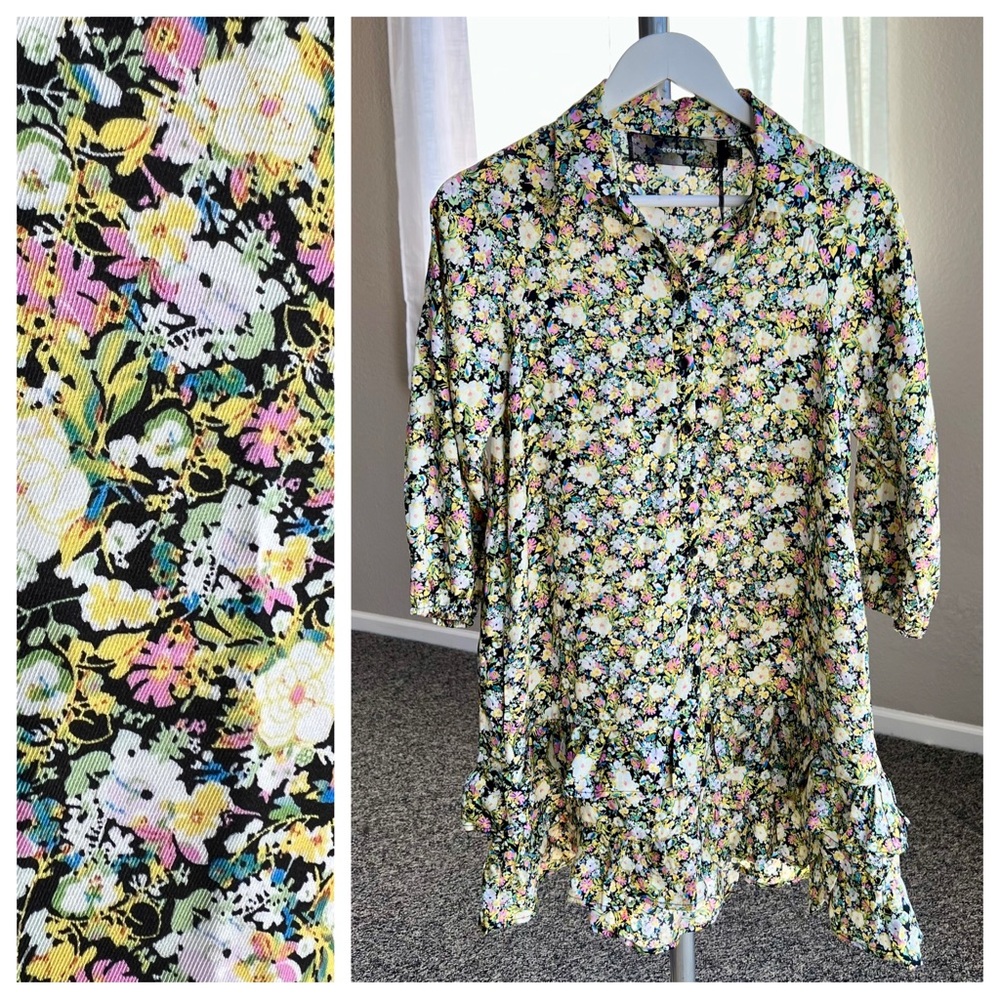 Code X Mode Multicolor Floral Print Button Front Ruffled Tunic w/ Pockets